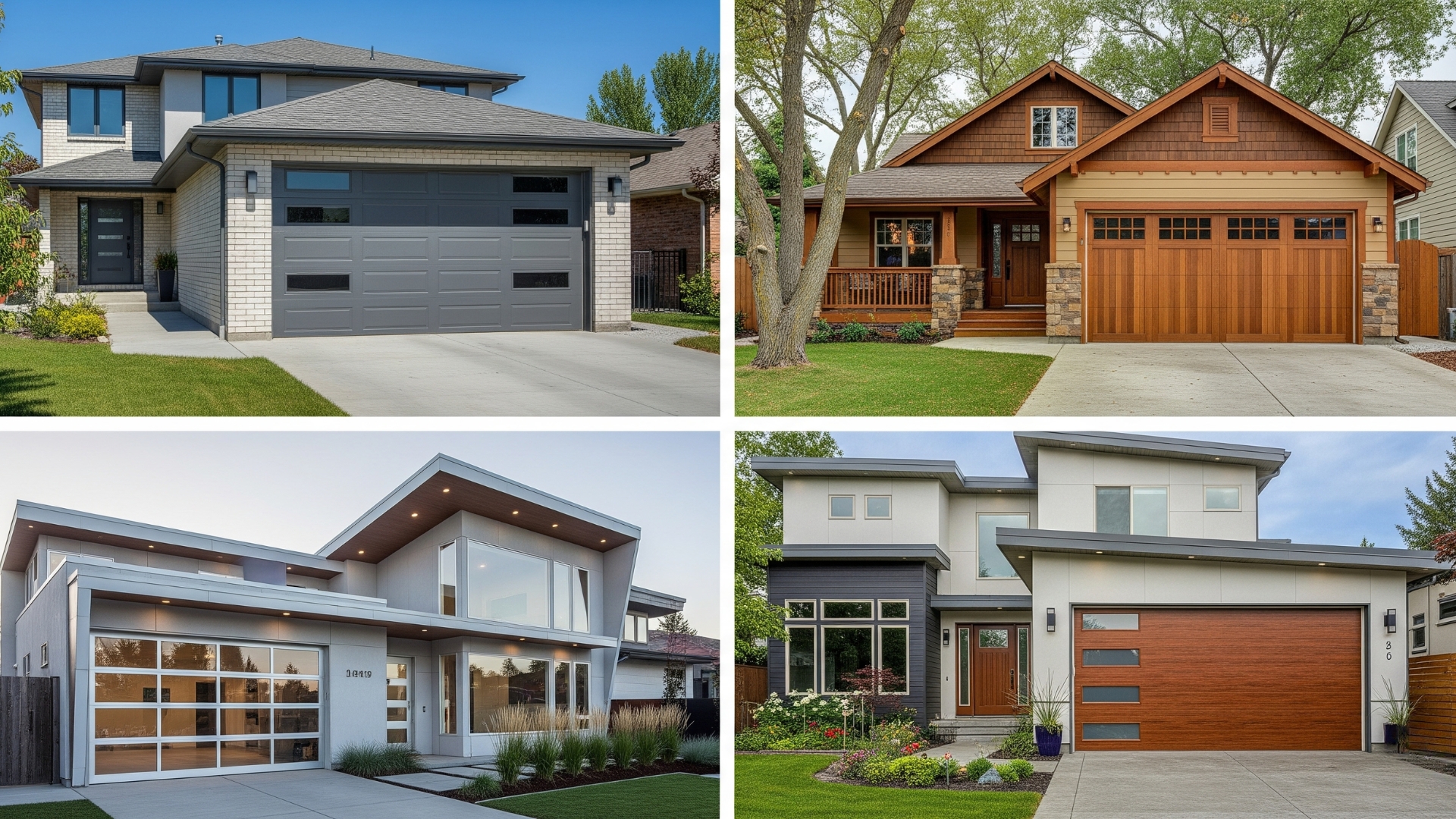 Four distinct homes in various garage door colors and material, showcasing different architectural styles and designs.
