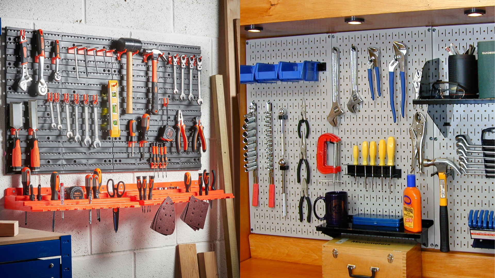 A wall-mounted pegboards for a garage storage idea