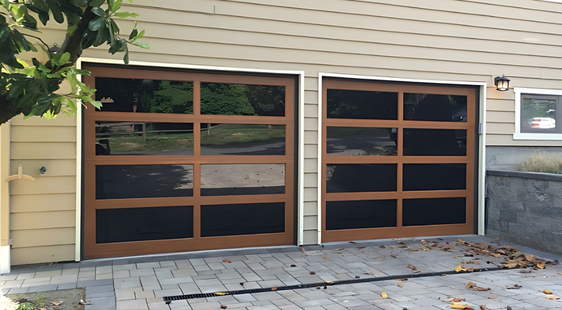 Two garage doors with heavy window tints