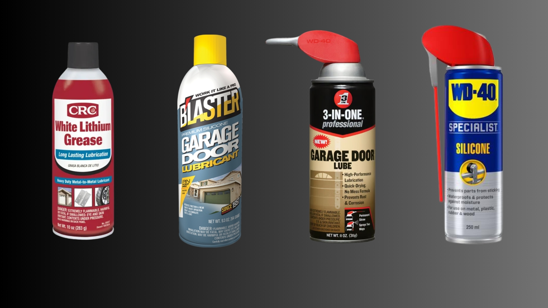 Different brands of garage door lubricant such as CRC, Blaster, 3-in-1 professional and WD-40