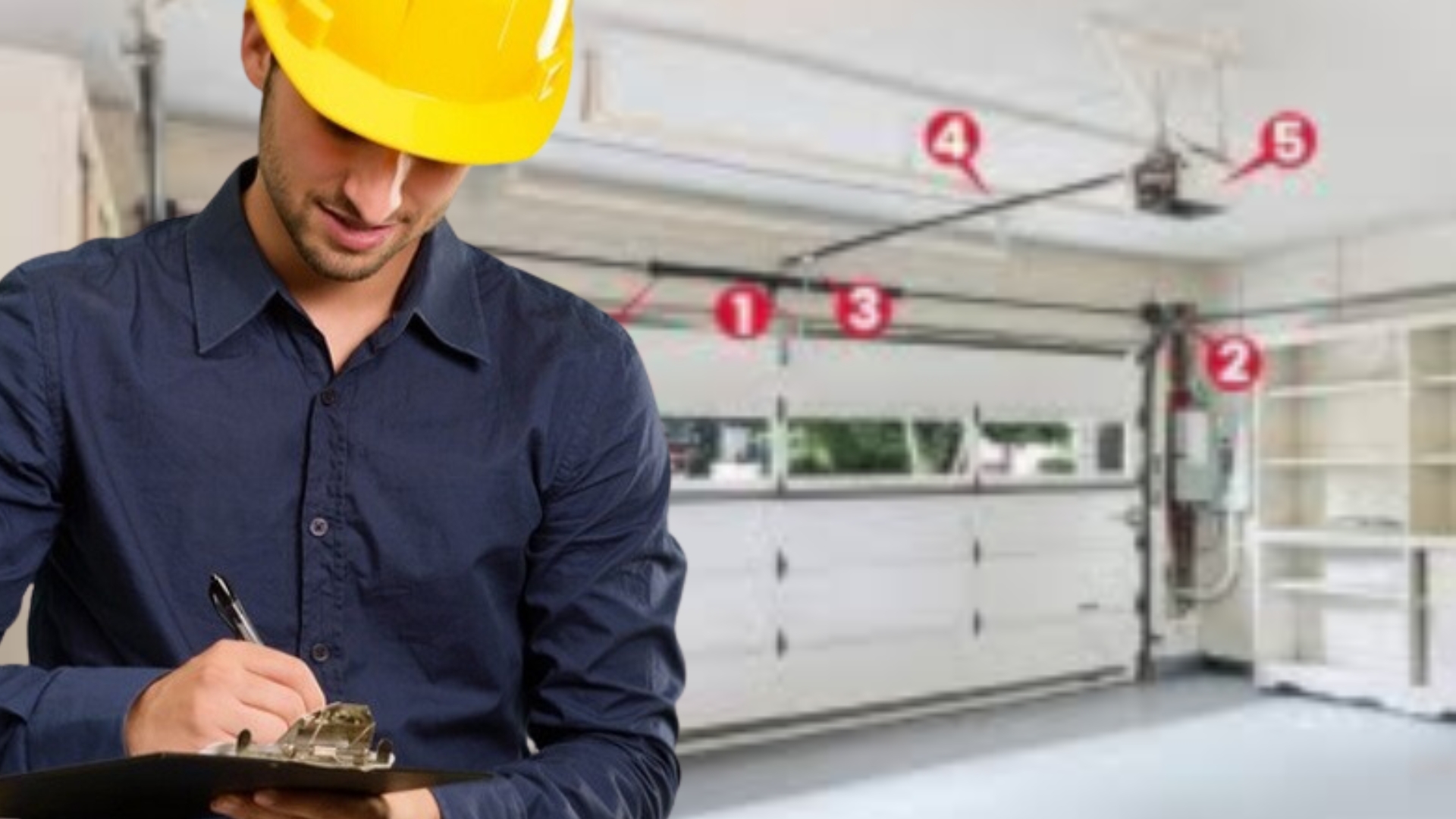 A service technician is performing an inspection of a residential garage door.