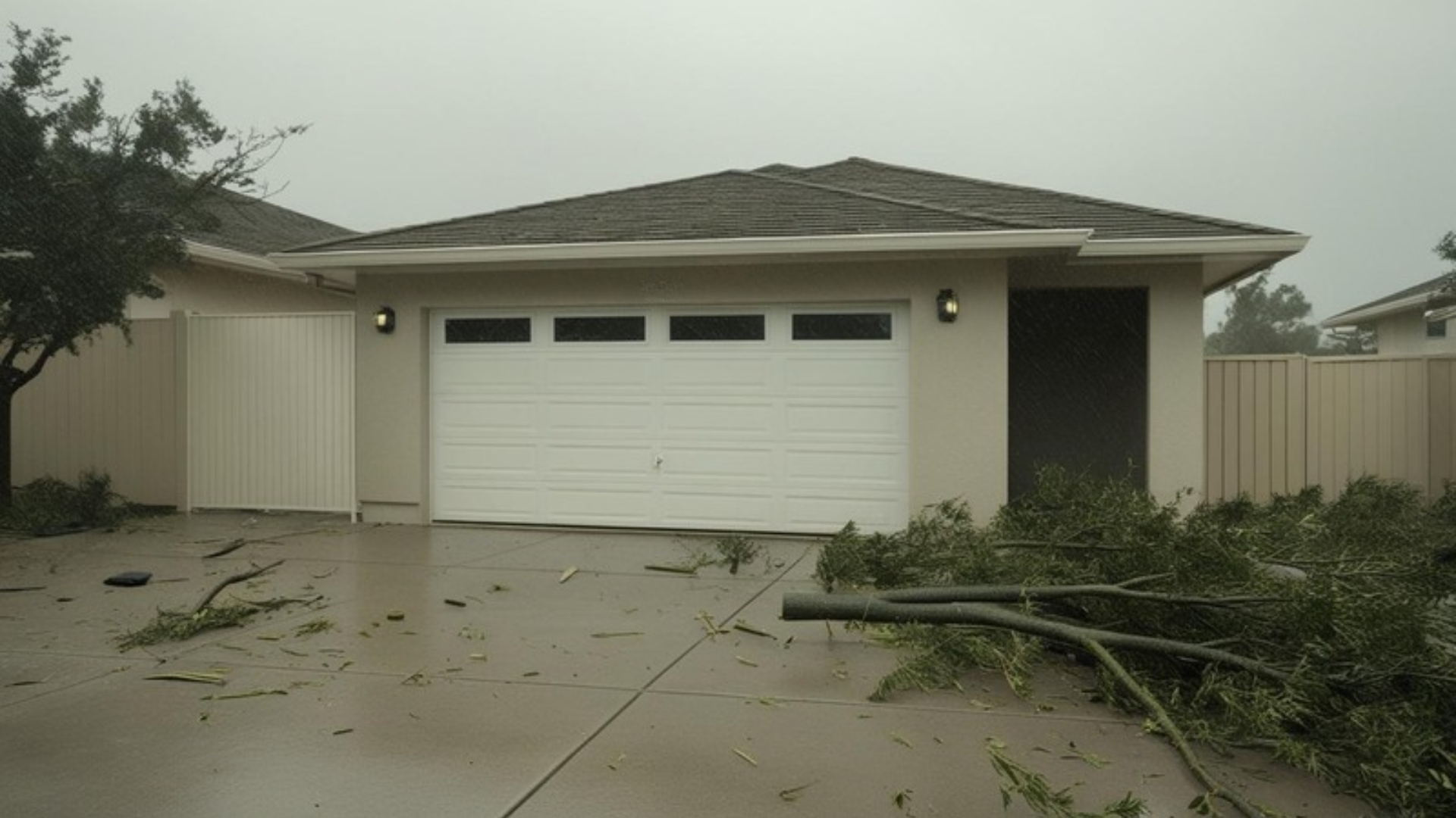 A garage door stuck after a strong storm