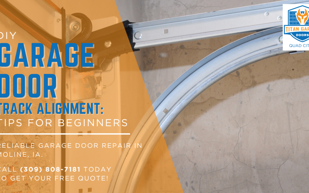 Close-up of garage door track alignment showing metal track, curved rail, and mounting brackets