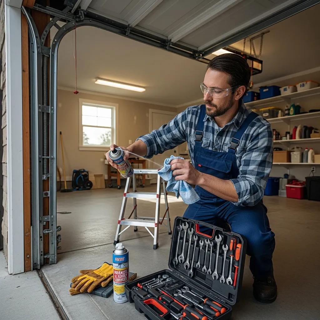 homeowner performing garage door maintenance for safety and longevity