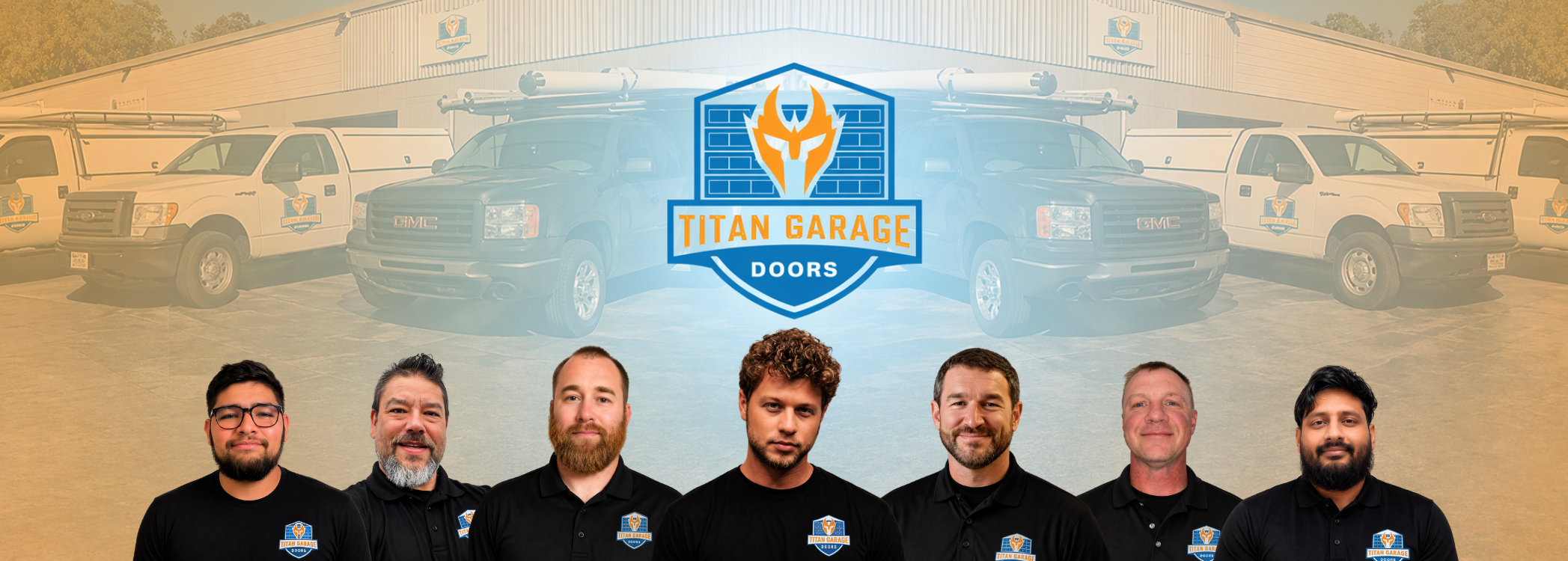 Team of professional garage door technicians from Titan Garage Doors Quad Cities standing in front of branded service trucks and warehouse building