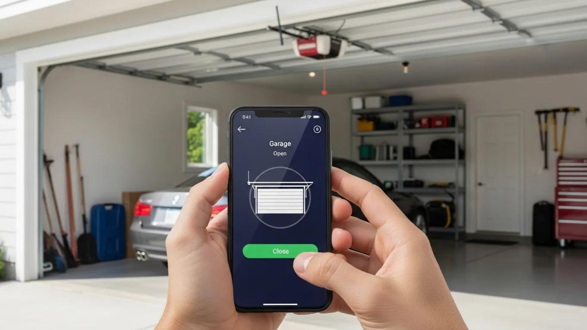 Close-up of a person holding a smartphone controlling a modern garage door opener in a residential garage, with a silver car and organized shelves in the background.