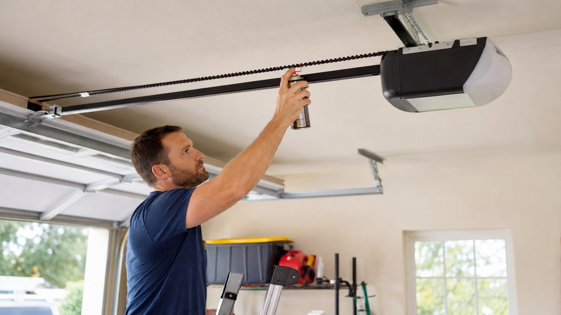 A man applying garage door lubricant on the garage door opener system in Moline