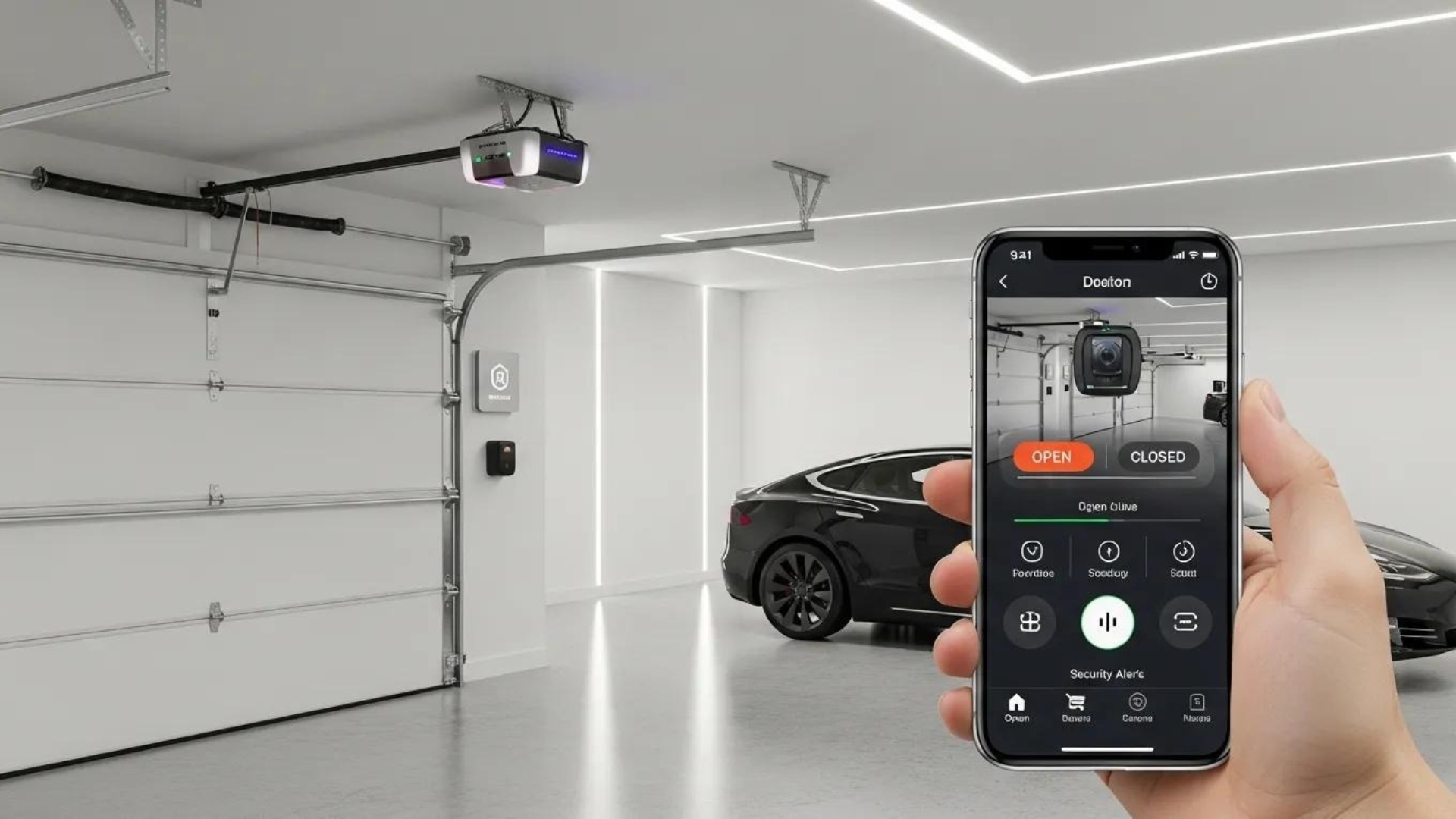 Smart garage door opener connected to smartphone app in a modern garage