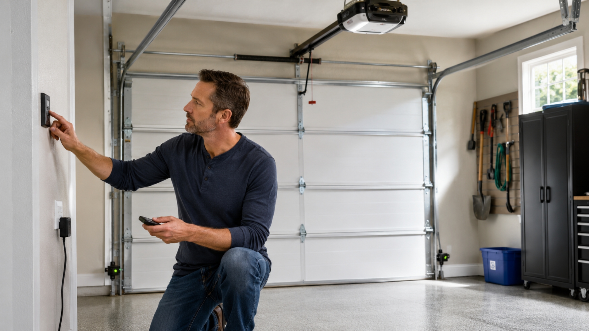 DIY garage door troubleshooting showing a homeowner testing the wall control and remote before calling for professional garage door diagnostics.