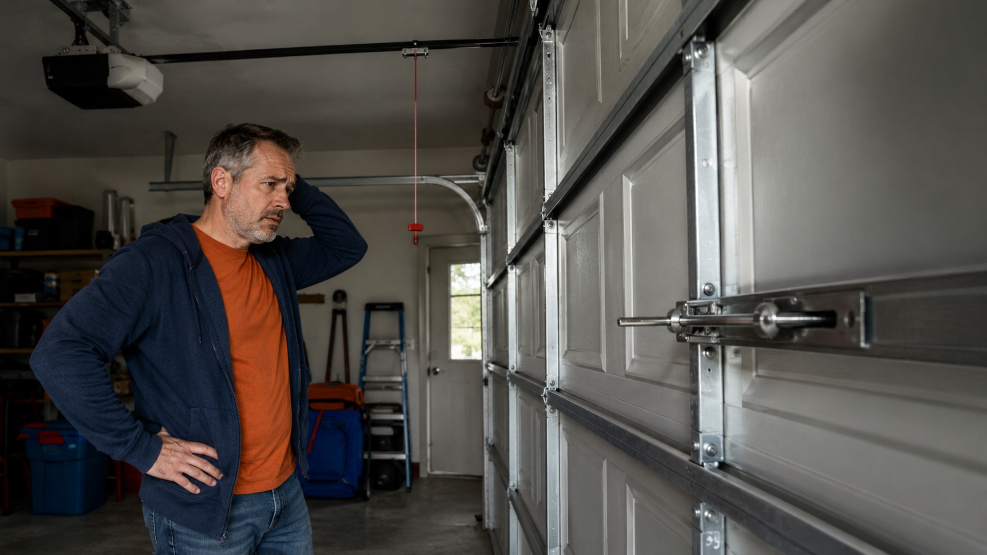 Homeowner checking how to open garage door manually after noticing the door is stuck closed inside the garage.
