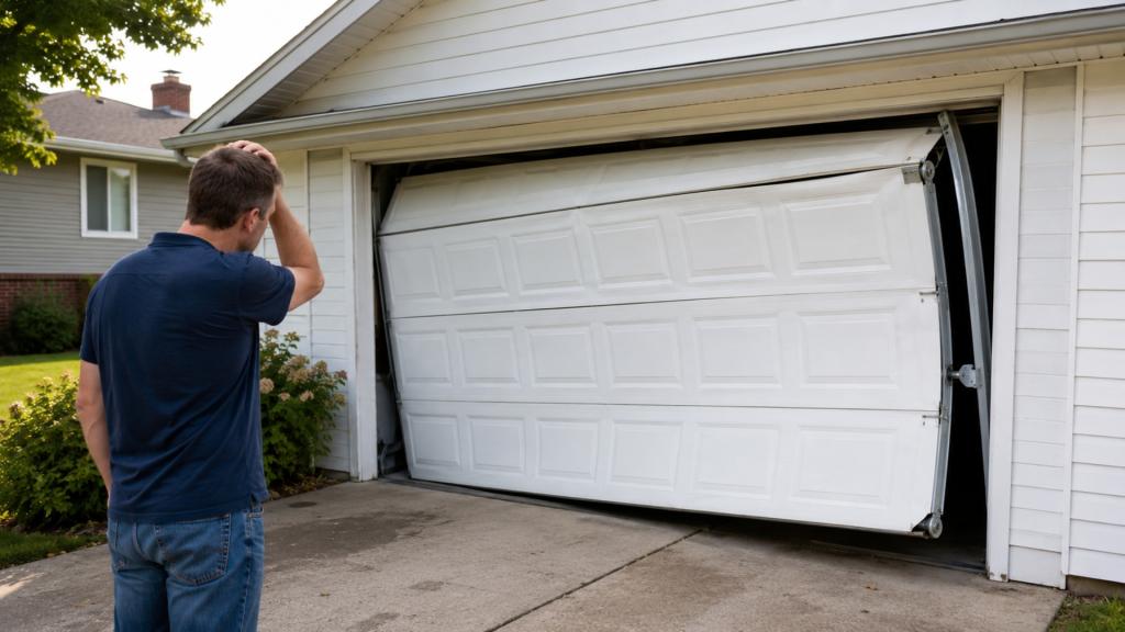 	
A man stands outside, scratching his head as he looks at a white garage door that is bent and off its tracks—clearly in need of garage door off-track repair—hanging unevenly from the opening of his house.
