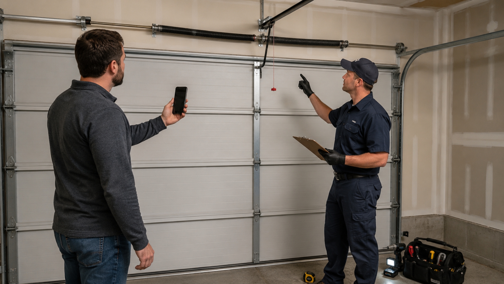 Garage door spring repair consultation showing a technician inspecting a residential torsion spring while explaining the system to a homeowner inside the garage.