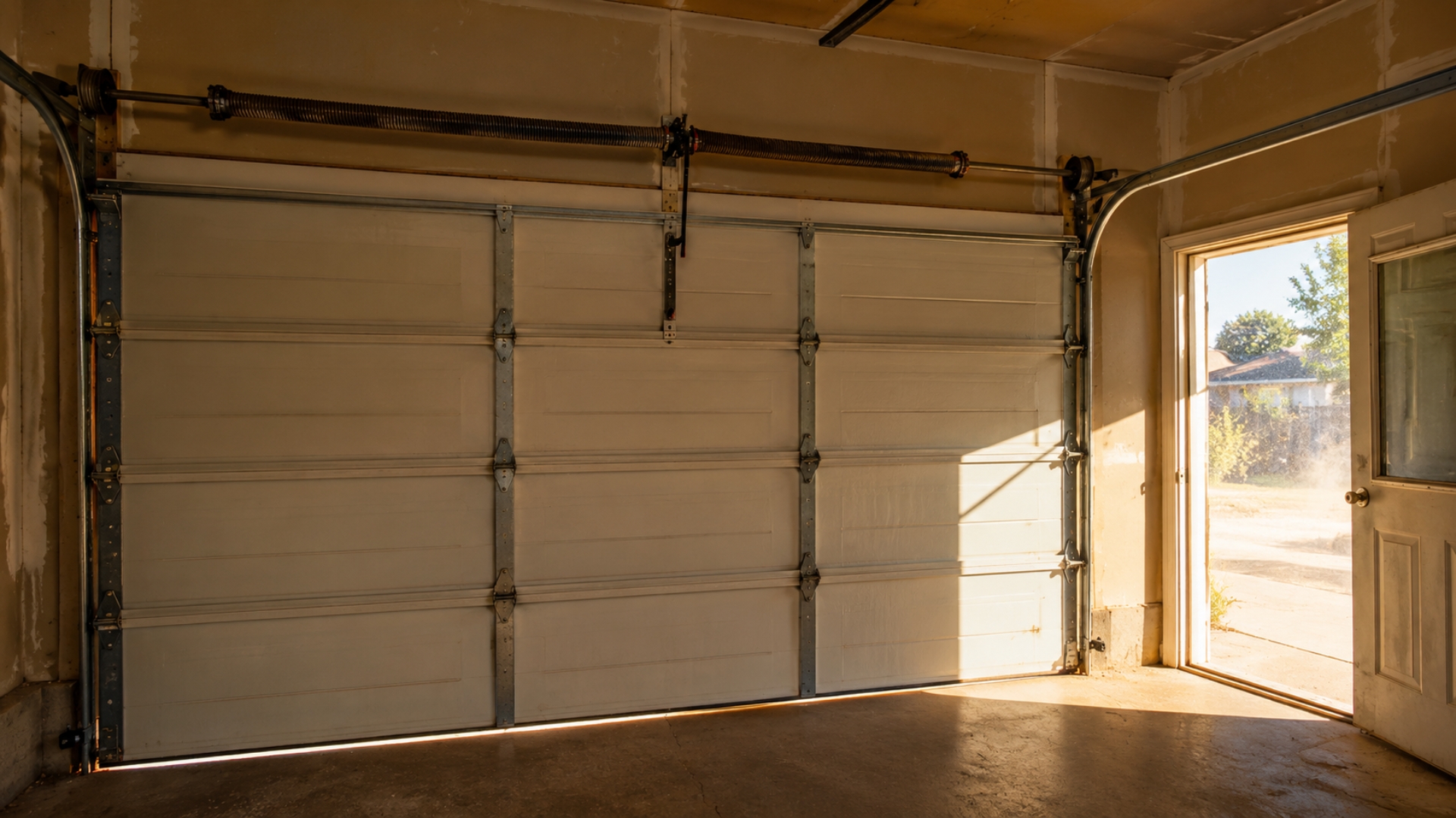 Garage door spring inspection showing a residential torsion spring system above a closed garage door with visible light gaps around the edges.