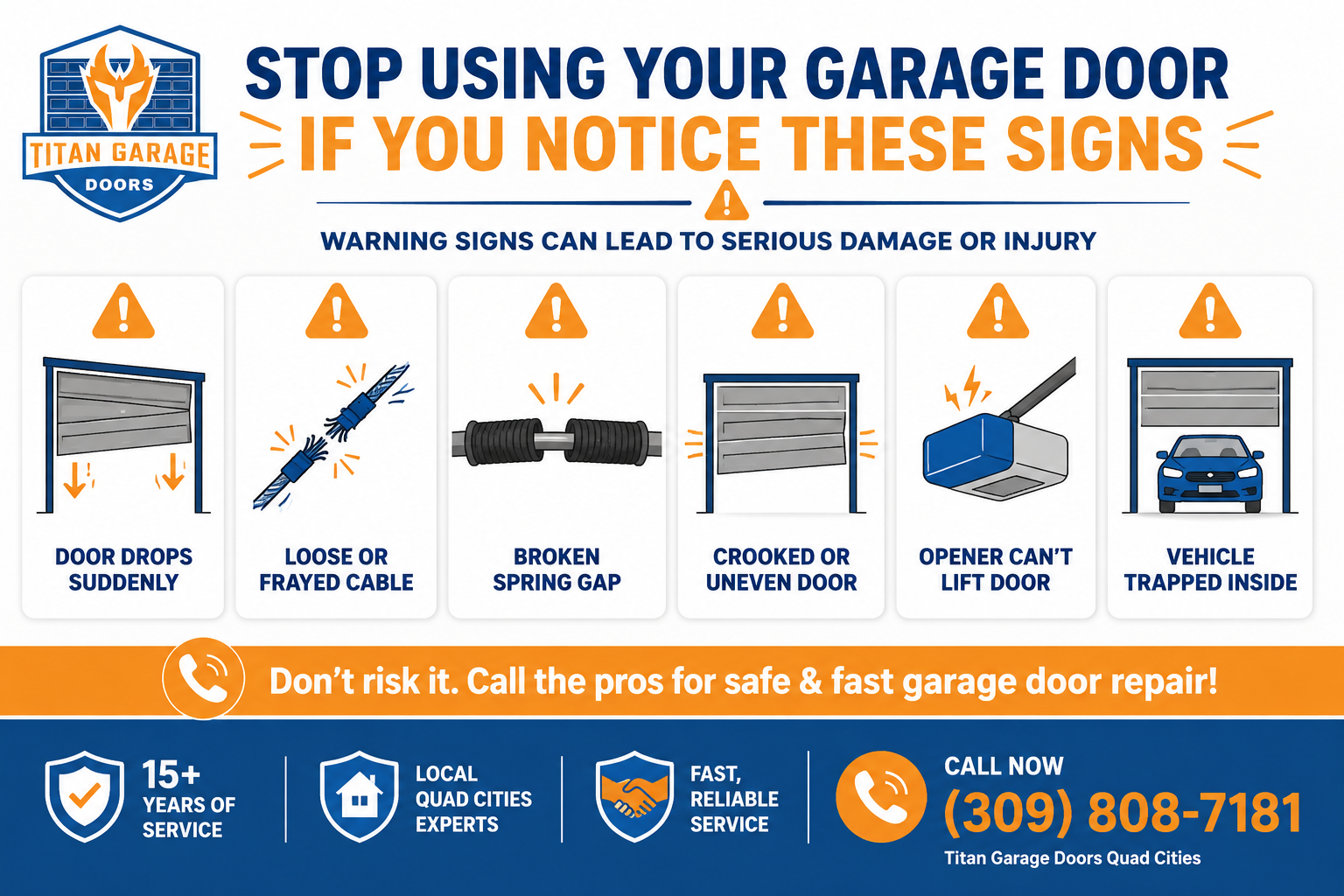 Garage door safety warning signs checklist showing when to stop using a heavy garage door and call for repair