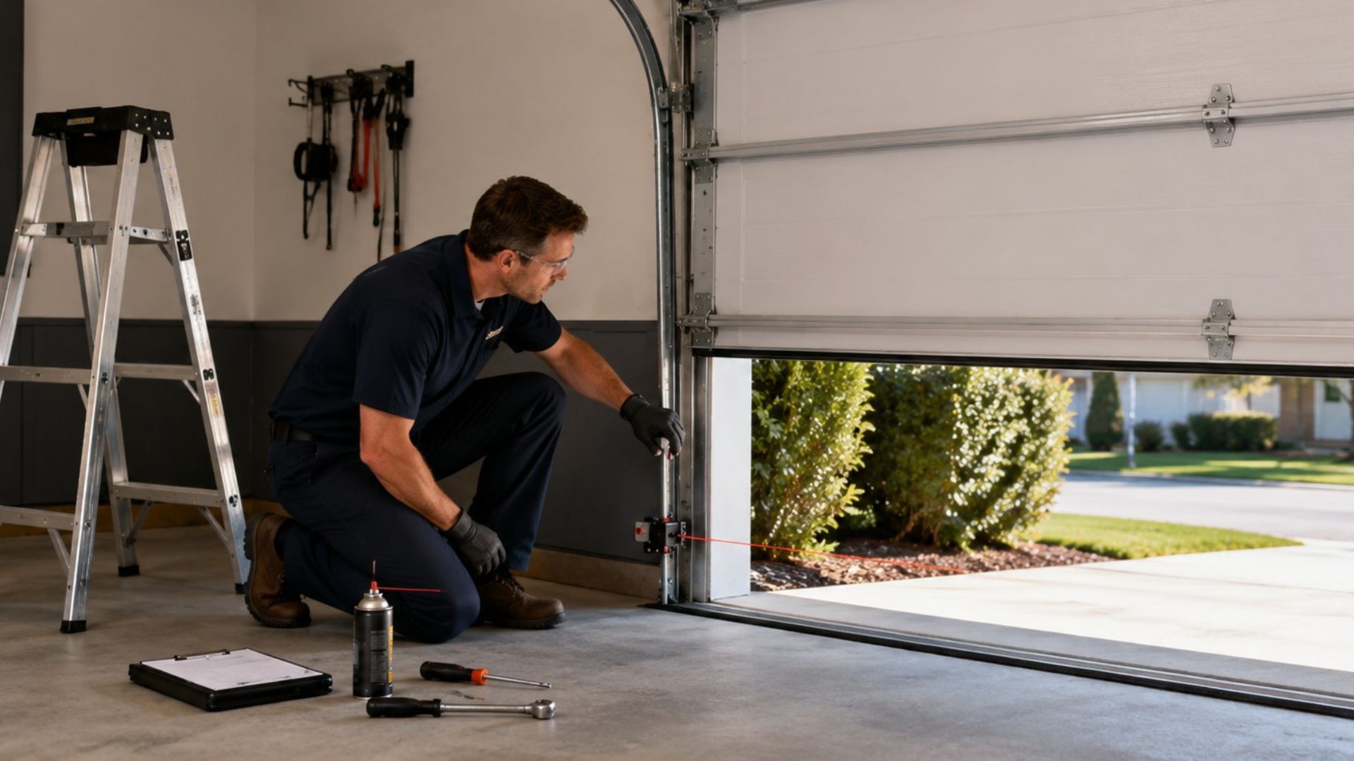 Annual garage door tune-up with a technician inspecting and testing the photo-eye safety sensor near the garage door track.