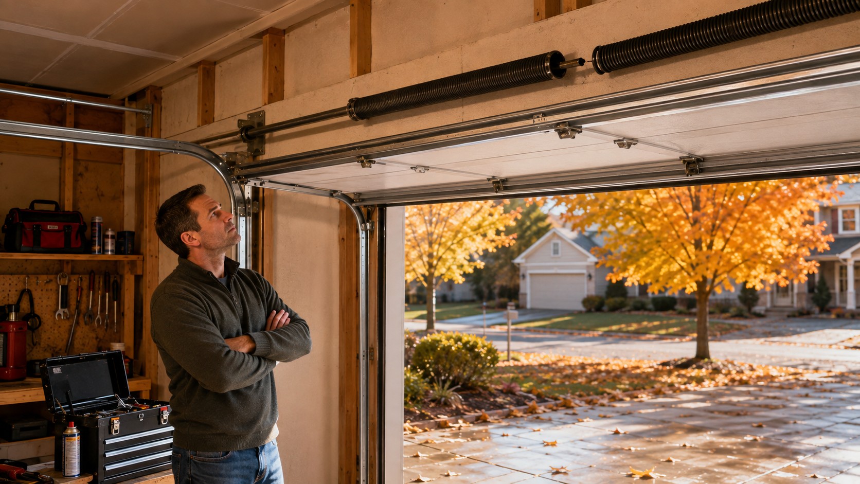 Homeowner inspecting garage door springs during a fall garage door maintenance checklist in a residential garage.