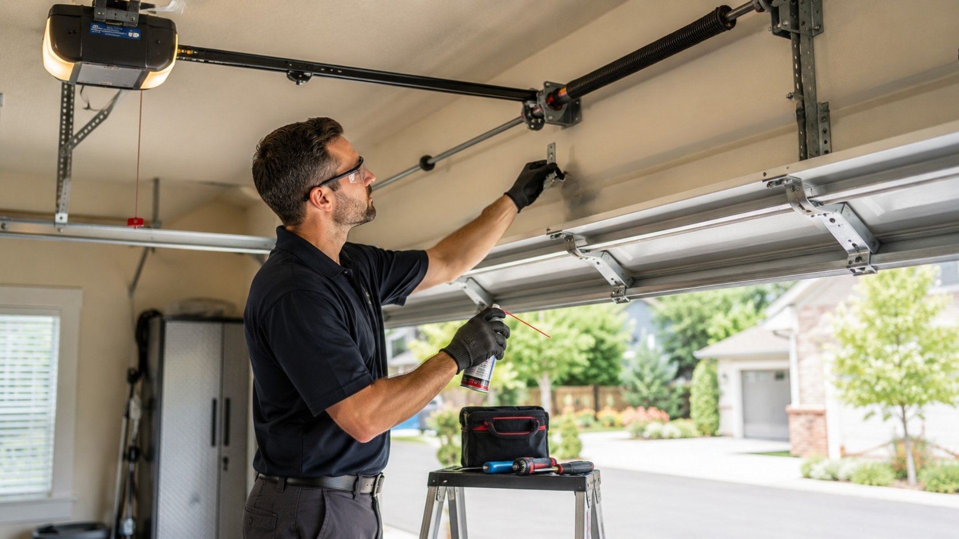 Professional garage door tune-up with a technician lubricating and inspecting garage door hardware, tracks, and spring components.