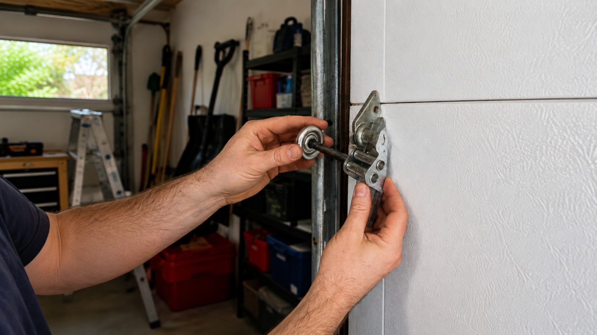 Close-up of a garage door roller being inspected for wear near the hinge and vertical track, showing a technician checking the part before replacement.