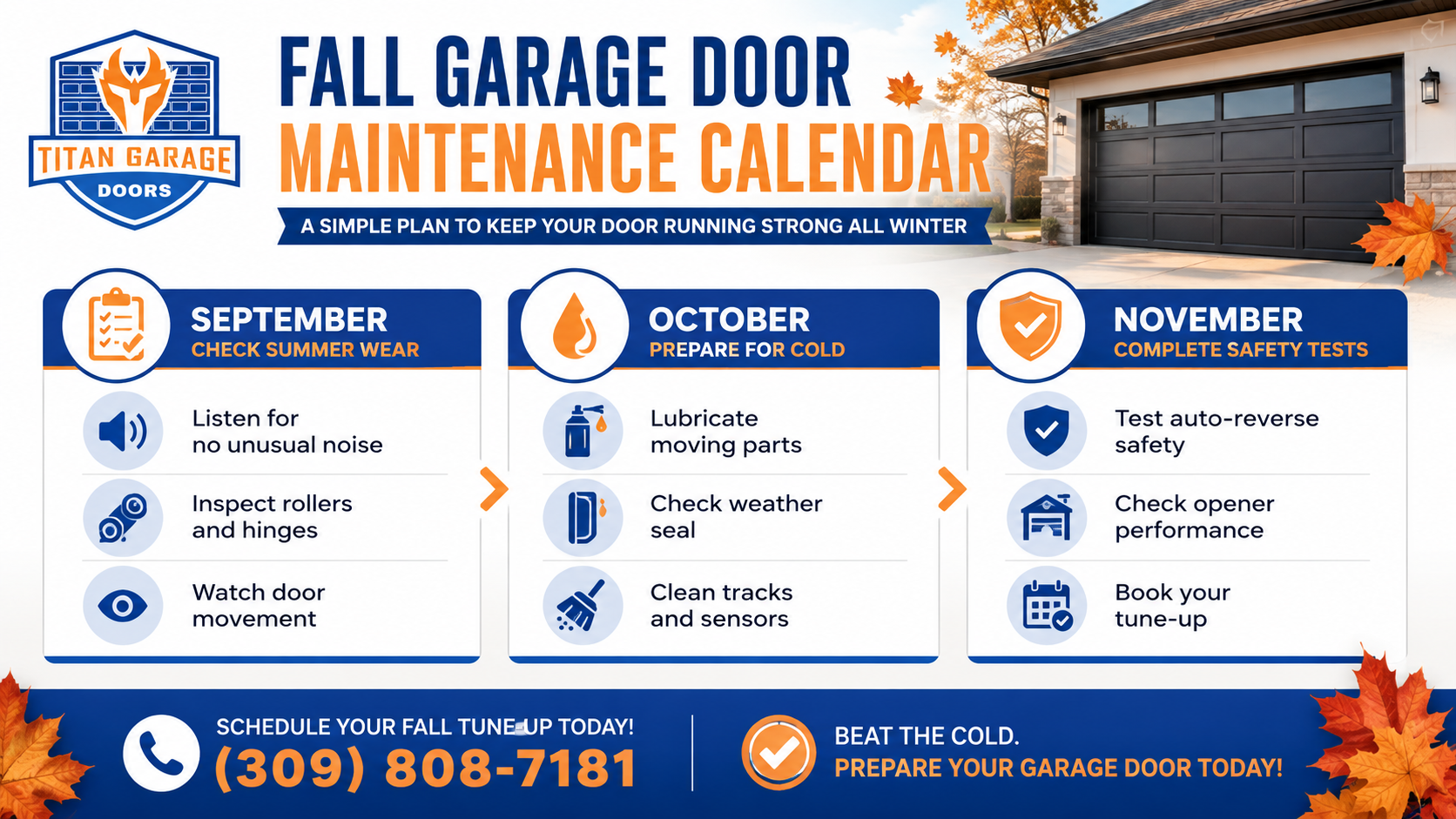 Fall garage door maintenance calendar showing seasonal steps for checking, lubricating, and preparing a garage door for winter