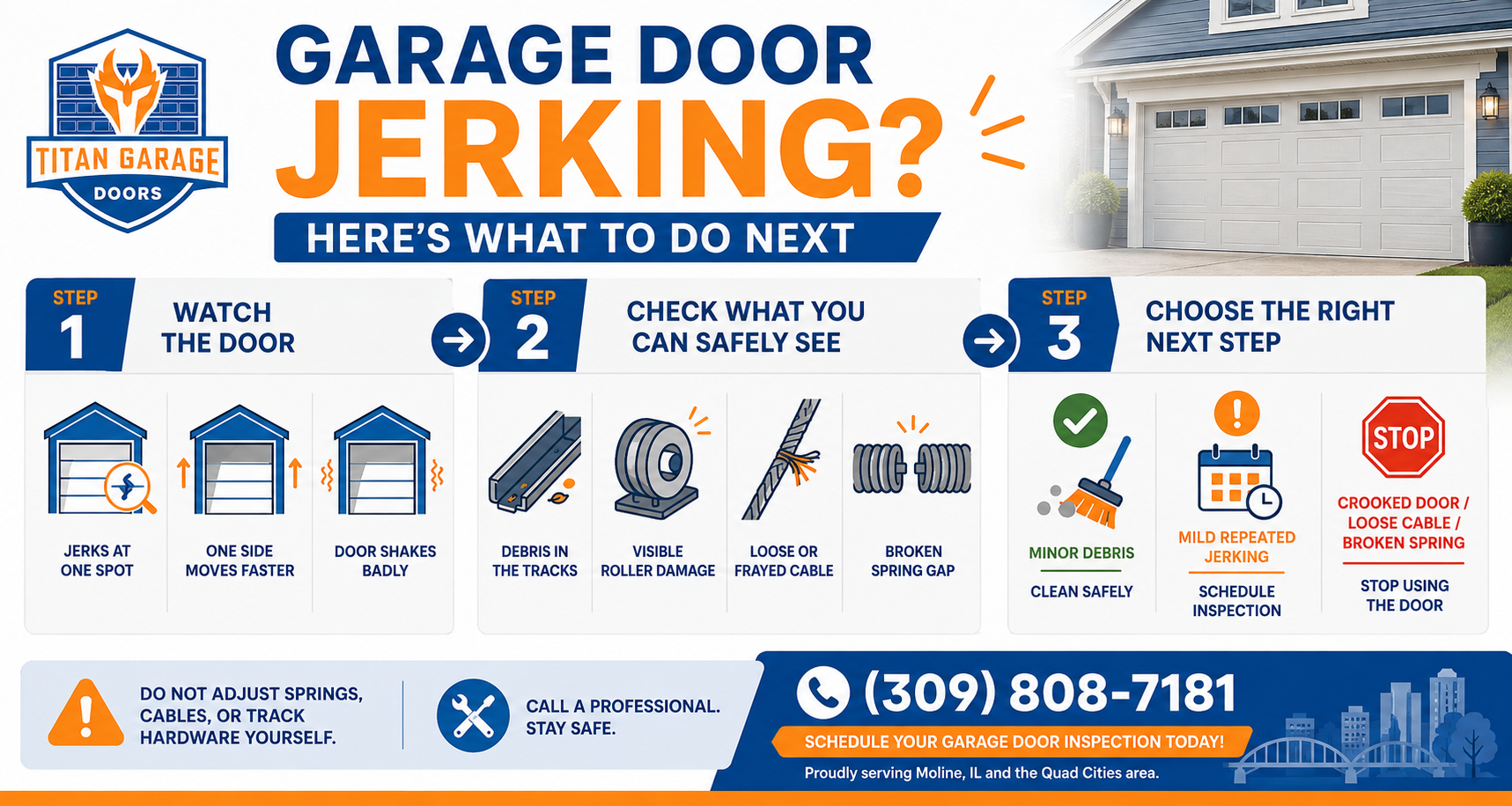 Infographic explaining what to do when a garage door is jerking, including checking tracks, rollers, cables, springs, and when to call a professional