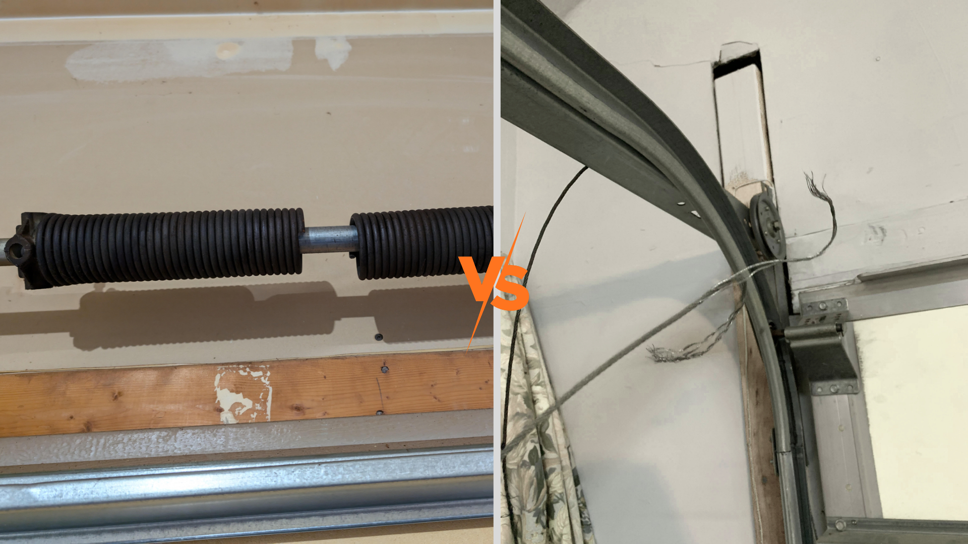 Split image compares a garage door torsion spring: an intact black coil on the left versus a damaged, detached spring and hardware on the right.
