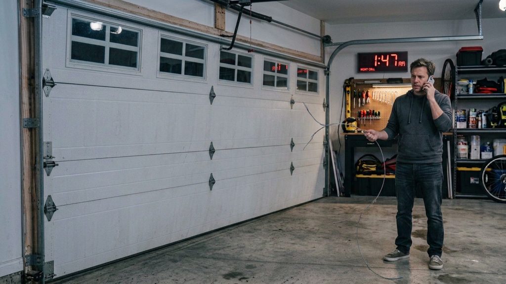 A man in talks on his phone in a garage, holding a metal cable that hangs down from the ceiling near the white door.