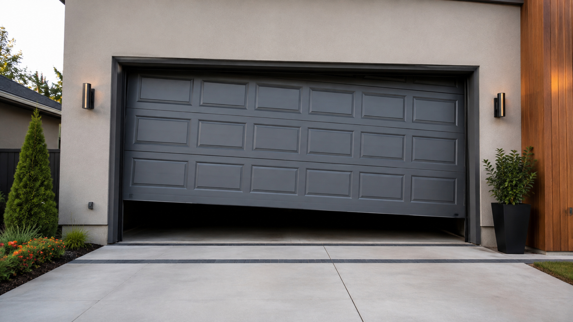 Modern dark gray panel garage door hanging crooked and off-track due to a broken cable.