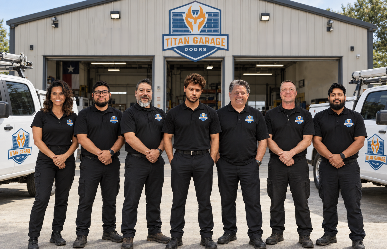 Team of professional garage door technicians from Titan Garage Doors Quad Cities standing in front of branded service trucks and warehouse building