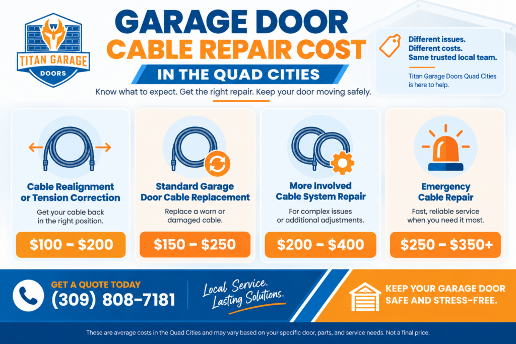 Garage door cable repair cost guide comparing Quad Cities prices for cable realignment, cable replacement, system repair, and emergency service