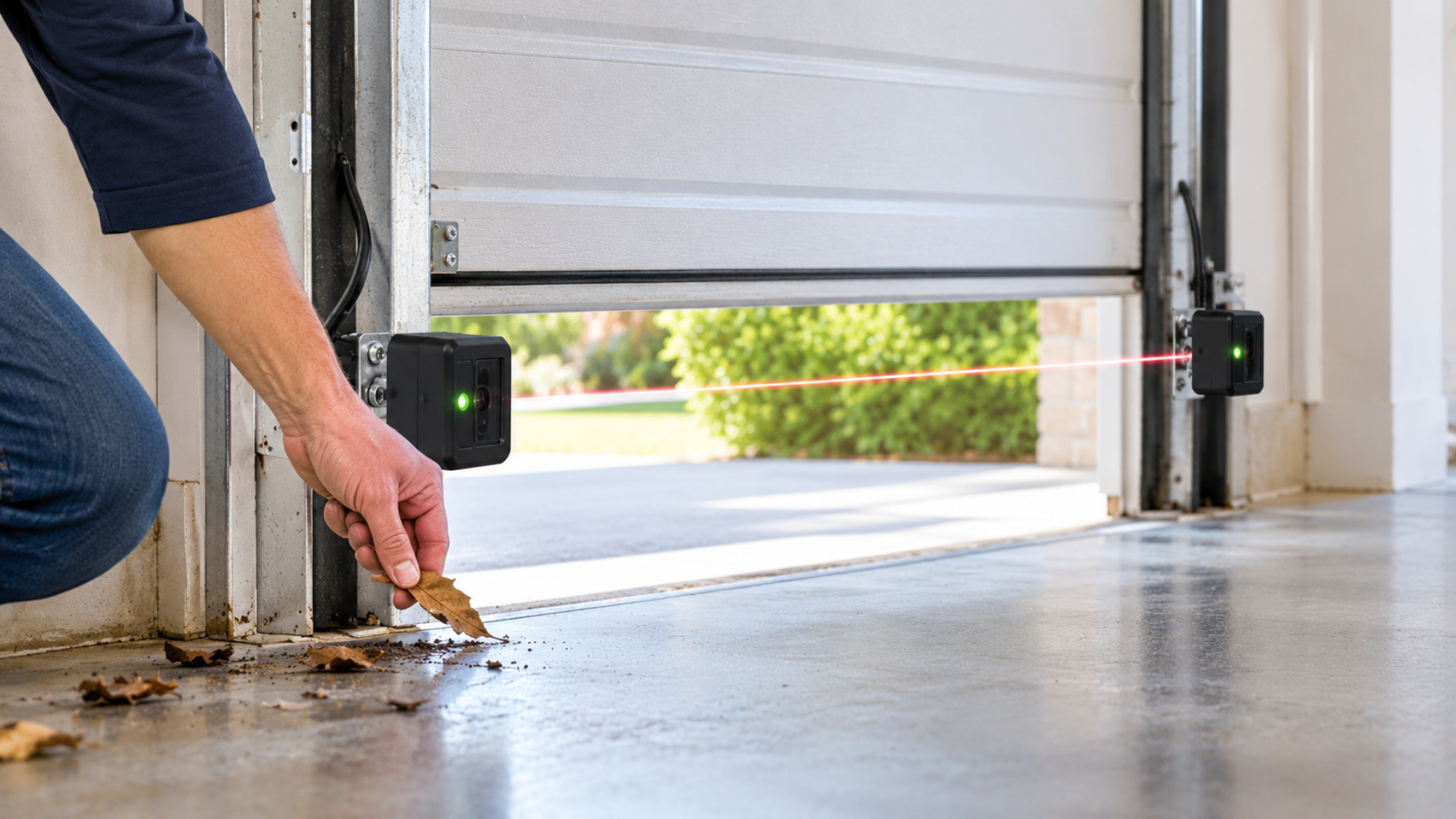 Technician clearing debris near an illuminated photoelectric garage door safety beam, illustrating factors that impact safety sensor repair cost.