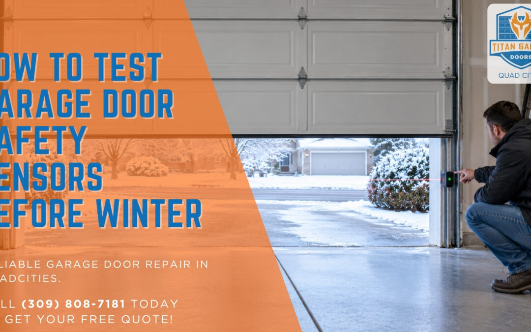 Orange-and-blue ad: a technician tests a garage door sensor beside an open garage, with snow outside; headline urges safety checks before winter.