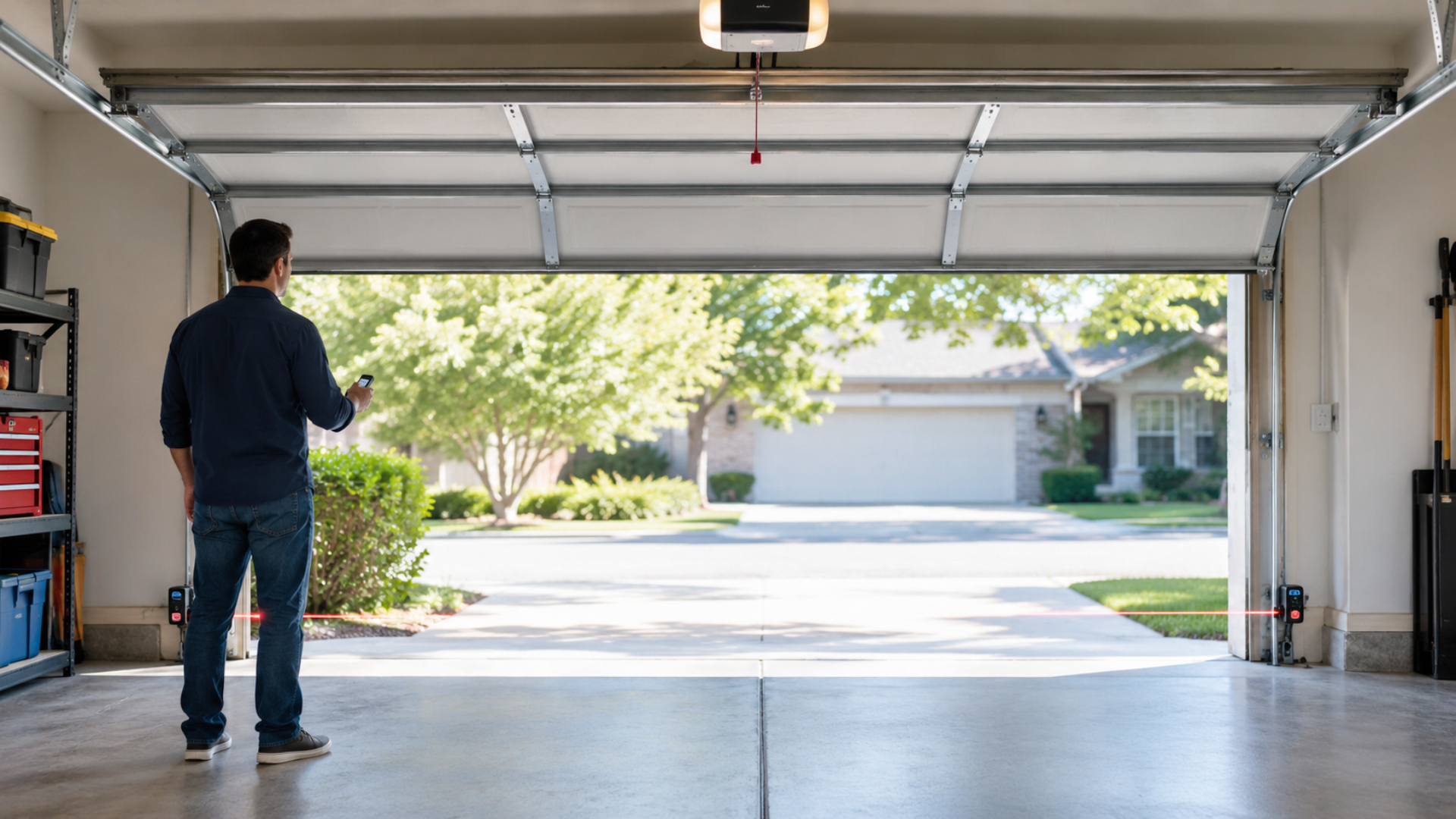 A man stands inside an open garage, holding a remote as sunlight fills a quiet suburban driveway and tree-lined street, conveying a calm, welcoming morning.