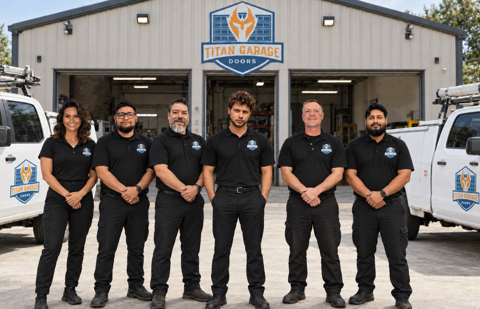 Team of professional garage door technicians from Titan Garage Doors Quad Cities standing in front of branded service trucks and warehouse building